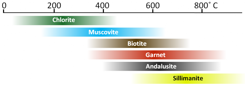 Figure shows the temperature ranges in which index minerals occur which is as folows from lowest temperature to highest: Chlorite, Muscoviete, Biotite, Garnet, Andalusite, and Sillimanite. The range for chlorite is 50-425 degrees Celsius, whereas the range for Sillimanite is 500-900 degrees Celsius