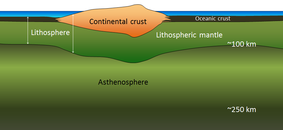Figure shows continental crust thickness, which is much thicker than oceanic crust as well as how continents weigh down the lithospheric mantle which intrudes into the asthenosphere. The lithospheric mantle is approximatley 100km thick, whereas the asthenosphere is 250km thick.