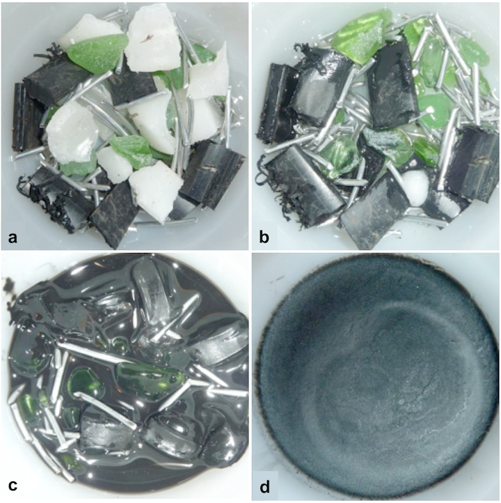 Four images showing an experiment to illustrate partial melting. (a) The original components are white candle wax, black plastic pipe, green beach glass, and aluminum wire. (b) After heating to 50˚C for 30 minutes only the wax has melted. (c) After heating to 120˚C for 60 minutes much of the plastic has melted and the two liquids have mixed. (d) The liquid has been poured off and allowed to cool, making a solid with a different overall composition from the original mixture.