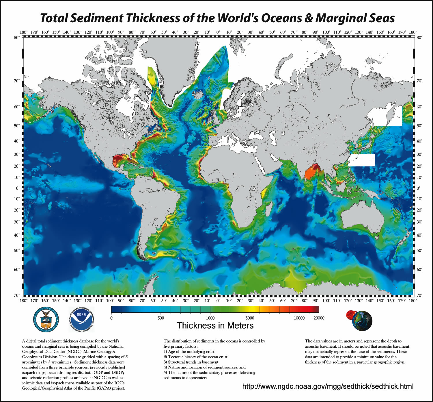 Figure shows total sediment thicknessin the oceans and seas relative to continents and oceans. Sediment thickness is greater along passive margins where no subduction occurs and least thick in the midst of ocean basins.