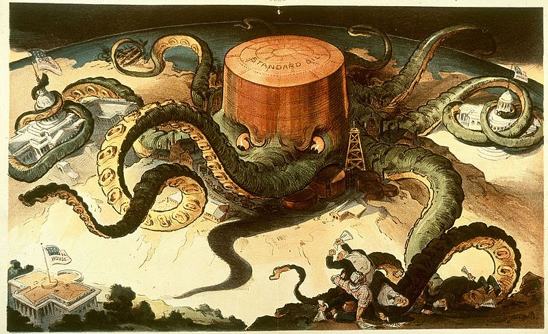 The petroleum trust, Standard Oil, depicted as a giant octopus, wrapping its tentacles around other industries and government bodies