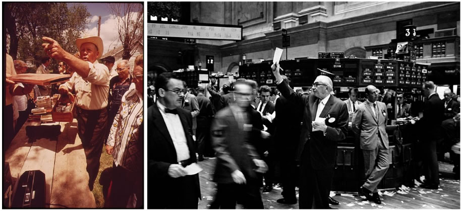 Two images: An auctioneer in a cowboy hat signalling bidders on left. Brokers in the New York Stock Exchange, circa 1963, on right.