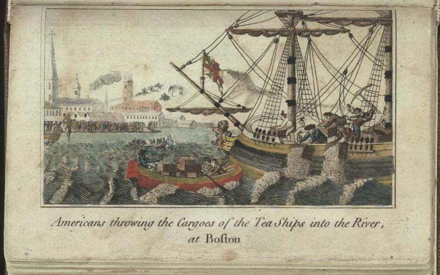 An 18th century engraving depicting the Boston Tea Party, in which crates of tea are being thrown into the river