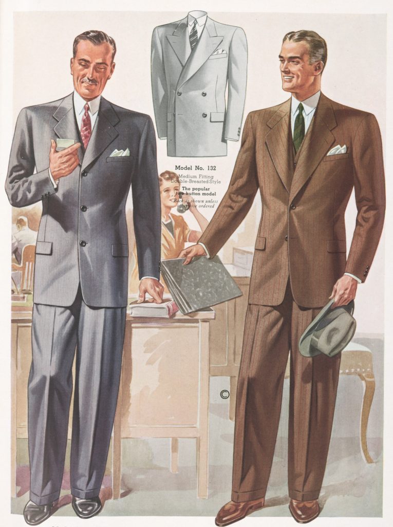 An advertisement for men's suits from 1940. Two men stand in the foreground wearing a blue and brown suit with a third suit jacked between them.