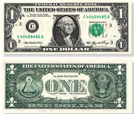 A modern one dollar bill, both sides.