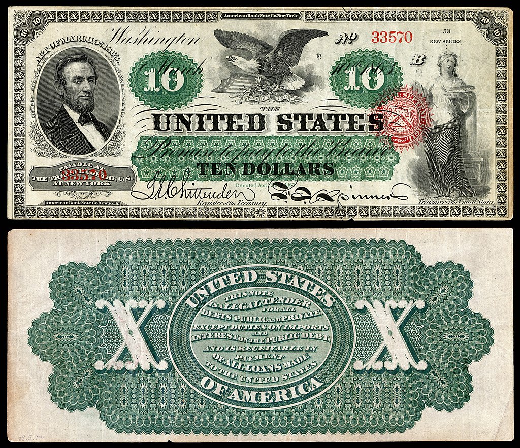 An image of both sides of a $10 greenback issued in 1863.