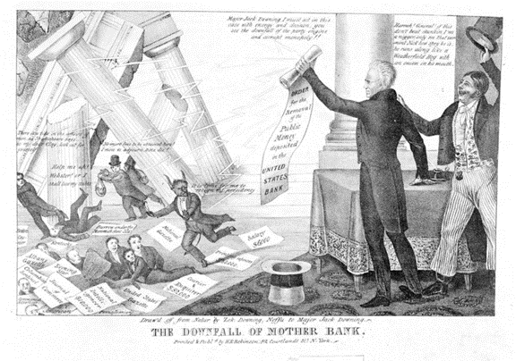 A political cartoon from the 1830s depicting Andrew Jackson destroying the Second Bank of the United States.