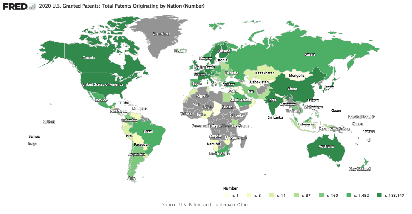 Map showing different levels of U.S. patent filings by country