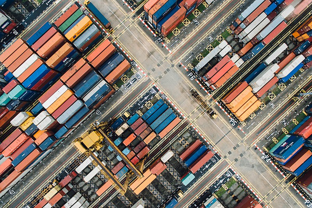 An aerial photo of shipping containers in a shipping yard