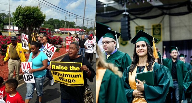 This photograph shows, on the left, people protesting in response to Wisconsin governor Scott Walker’s collective bargaining laws; and on the right students graduating college.