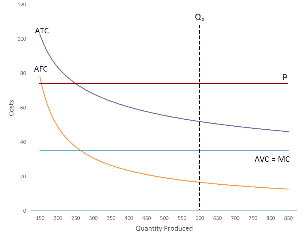 Cost curves as in previous section with the addition of a constant price reflecting the markup over unit cost at planned output