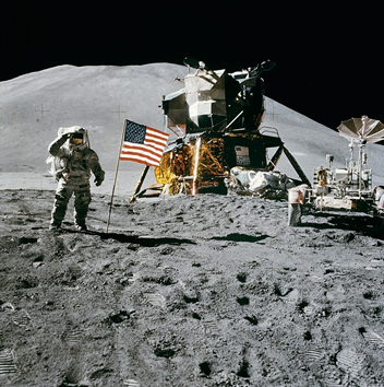Photo of Astronaut James Irwin saluting the American flag on the Moon