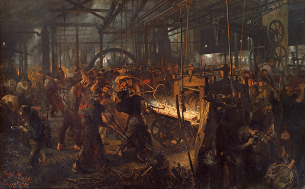 A painting of workers working in a steel mill in the 1800s