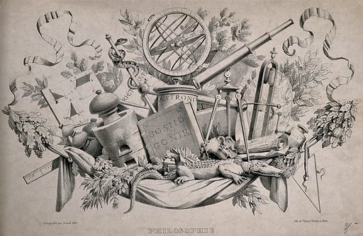 A lithograph of a various scientific instruments, an alligator, books, and so forth.