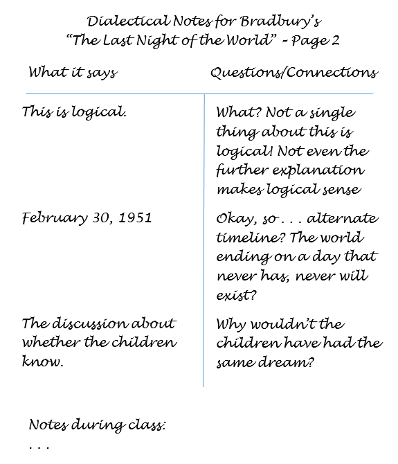 second page of an example of a student's dialectical notes for Bradbury's story, "The Lat Night of the World"; shows thoughts about what the text says on the left side of the page and questions or connections made by the student on the right