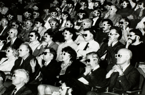 a 1950's or 60's era movie audience with 3D glasses