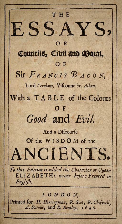 a 1696 title page for a collection of essays by Sir Francis Bacon