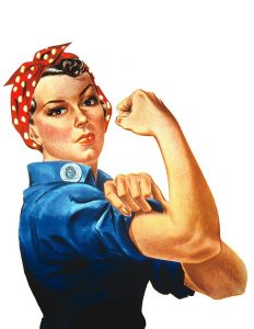 "We Can Do It!" an American poster from World War II era, by artist J. Howard Miller. This poster was created to inspire and boost the morale of female factory workers.