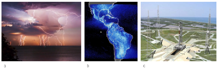 Lightning, a map of lightning locations, towers at a NASA launch pad