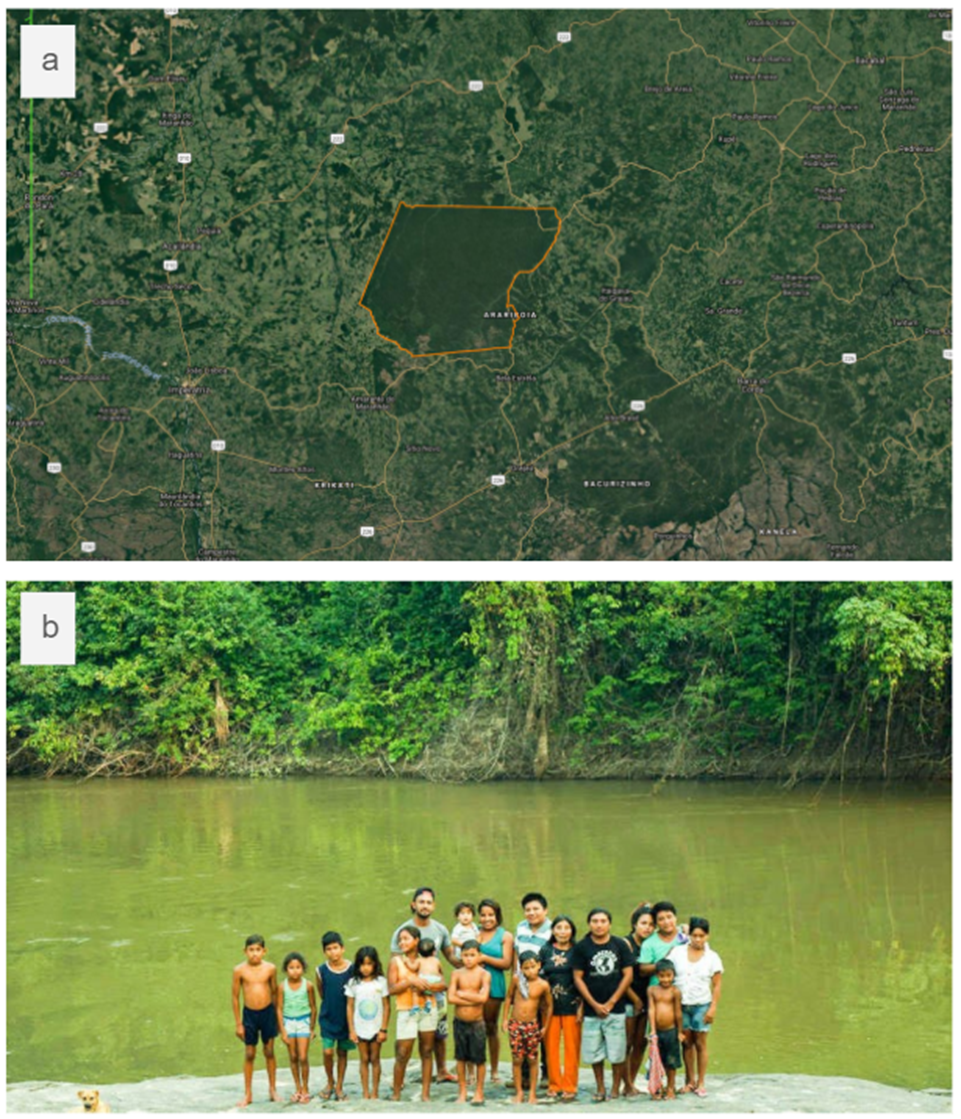 Satellite image of degraded rainforest surrounding one intact region. Image of a group of brown skinned people standing by a large river, facing the camera.