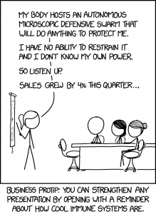 A person giving a presentation says: "My body hosts an autonomous microscopic defensive swarm that will do anything to protect me. I have no ability to restrain it and I don't know my own power. So listen up. Sales grew by 4% this quarter..." The caption below reads: "Business protip: You can strengthen any presentation by opening with a reminder about how cool immune systems are."