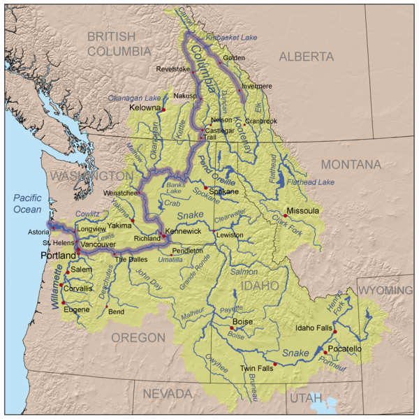 Map of the Pacific Northwest, with the watershed of the Columbia River in yellow