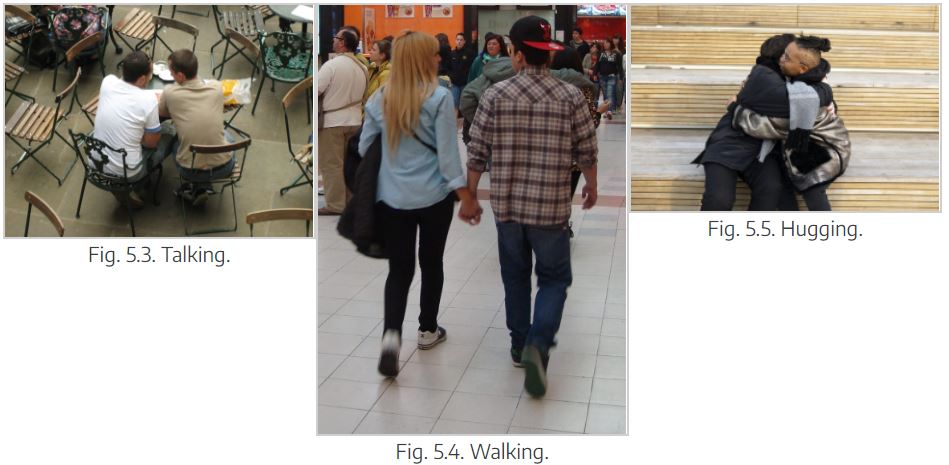 Three photos, each of which shows a duo talking, walking, or hugging