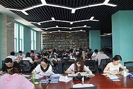 Male and female students studying in a library.