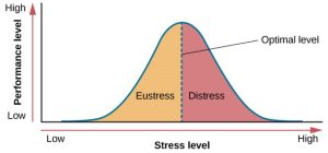 Graph of a bell curve showing eustress on left, distress on right, with line through the middle for optimal stress level