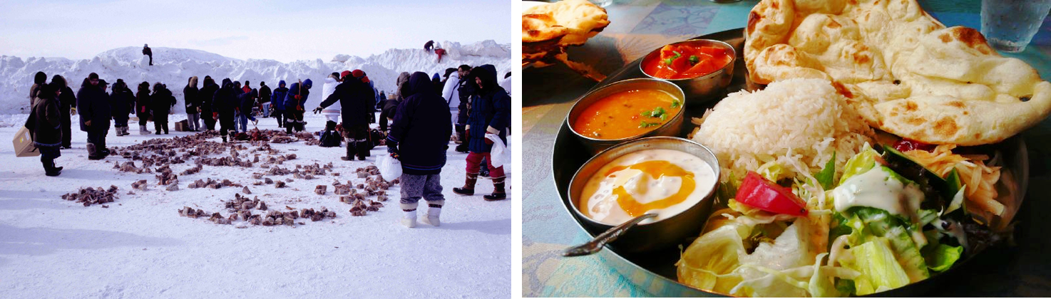 Two photos depicts dietary differences in human cultures. The photo on the left shows Inuit families sharing frozen, aged walrus meat. Their traditional diet is very dependent on meat and high in both protein and fat. On the right is a traditional vegetarian meal in India, representing dietary patterns dependent on grains, legumes, and vegetables that provide adequate, but not excess, levels of protein.
