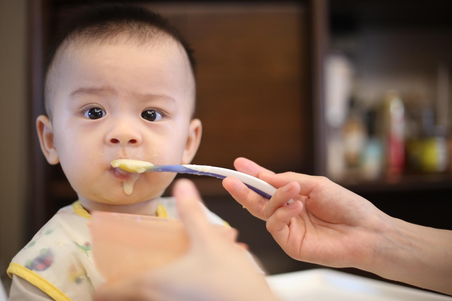An alert baby with dark hair and Asian eyes takes a bite of cream-colored puree from a spoon held by an adult hand.