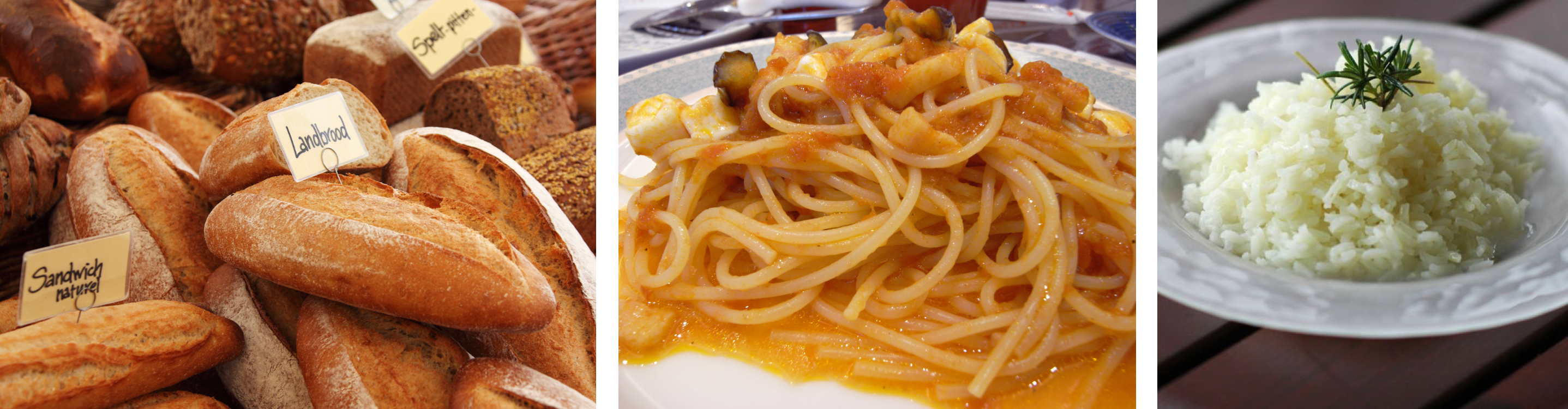 Photos of grain-based foods, from left to right: a display of bread in a bakery, a plate of spaghetti with sauce, and a bowl of plain rice topped with herbs.