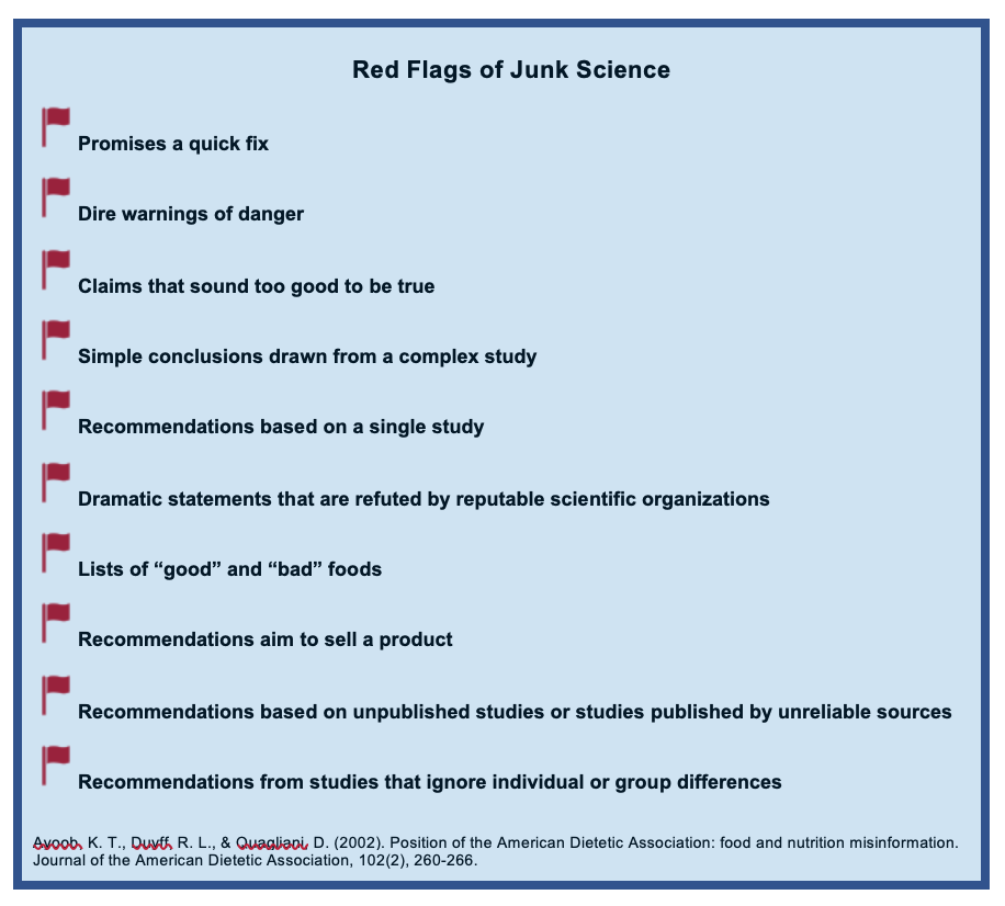 There are 10 red flags, and each flag has a statement to help identify junk science. The flags read as follow: Promises a quick fix, dire warnings of danger, claims that sound too good to be true, simple conclusions drawn from a complex study, dramatic statements that are refuted by a reputable scientific organization, lists of "good and "bad" foods, recommendations aim to sell a product, recommendations based on unpublished studies or studies published by unreliable sources, and recommendations from studies ignore individual or group differences.