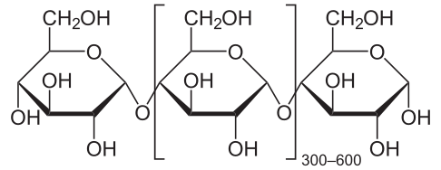 figure shows chemical structure of a segment of amylose (a type of starch) with 3 glucose units