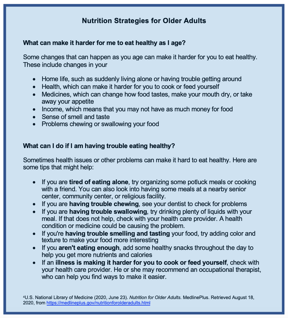 A bullet list of issues that can make it harder for older adults to eat healthy as they age, followed by suggestions for what to do if older adults are having trouble eating.