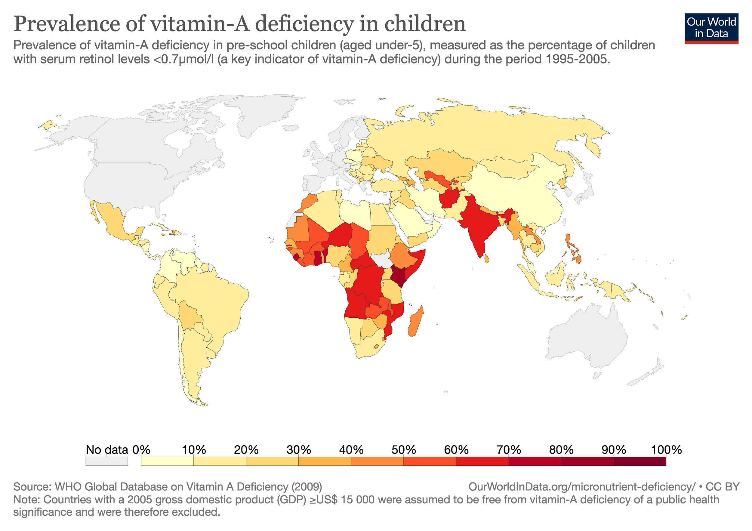 A world map shows the prevalence of vitamin A deficiency in children, using shades of yellow, orange, and red to indicate higher prevalence. The map shows that countries in south Asia and sub-Saharan Africa have the highest prevalence.