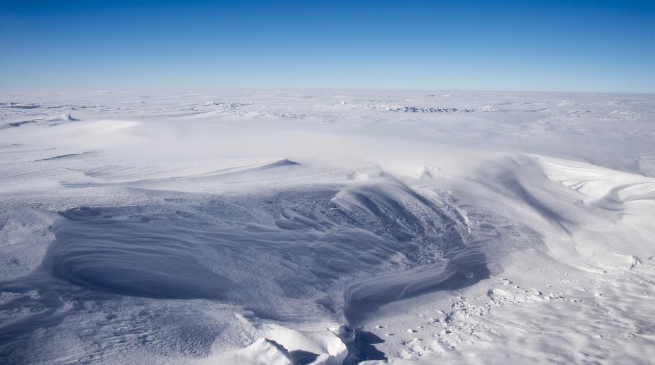 A photograph of the vast Antarctic landscape shows miles of snow-covered terrain, with wind visibly swirling snow around the surface. An intensely blue sky is visible above the horizon.