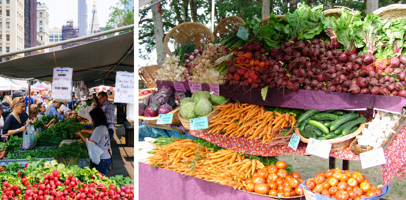 Two photos from farmers' markets. On the left, people are shown selecting fresh fruits and vegetables in a busy marketplace, with tall buildings rising above the market stands. On the right, a closeup of a farmers' market stand, showing enticing fresh vegetables like carrots, cucumbers, tomatoes, and beets.
