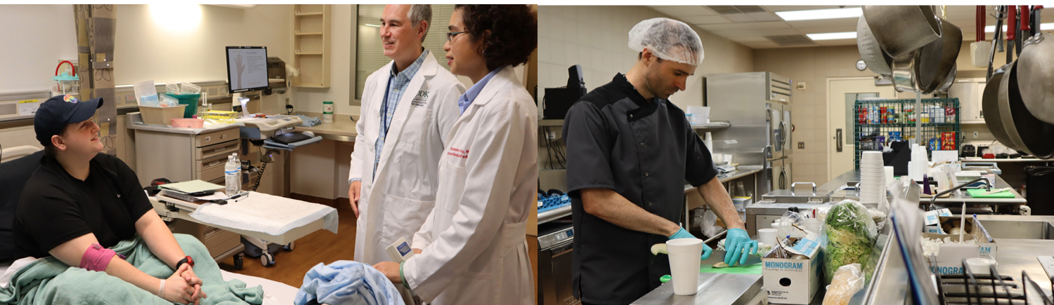 Two photos show scenes from processed foods trial at the NIH Clinical Center. At left, two researchers in white lab coats talk with a study participant, who is sitting up on a hospital bed, wearing street clothes, smiling, with a bandage on her arm that makes it look like she recently had blood drawn. At right, a man chops vegetables in a large commercial-looking kitchen. He is wearing a hairnet and is dressed in dark professional chef clothing.