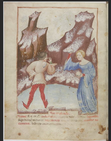 Illustration of an adult man and woman having a snowball fight with mountains in the background.