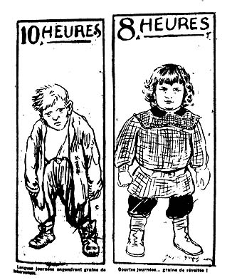 Illustration depicts two young French children. Under the heading "10 hours" the boy is tired, disheveled and hunched over in loose fitting clothes. Under the heading, "8 hours," the girl appears healthy and stands straight, holding a strong stance.
