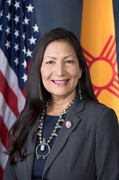 A Native American woman is photographed in front of the American and Pueblo of Laguna flags.
