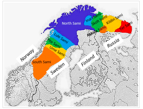 A map of Norway, Sweden, Finland, and Russia with the areas of the Sami territories highlighted, an arrow pointing from the Lule Sami to North Sami.