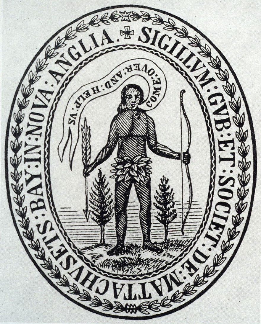 Massachusetts Bay Colony Seal contains a Native American man holding a bow and arrow with words displayed as coming out of his mouth reading, "Come over and help us."