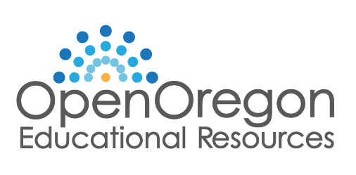 The logo for Open Oregon Educational Resources has an small orange circle above the "e" in "open" and a series of blue small circles leading away from the orange circle in a sunburst pattern.
