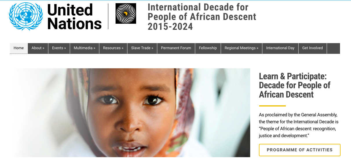 Screenshot of the United Nations webpages highlighting International Decade for People of African Descent, 2015-2024.