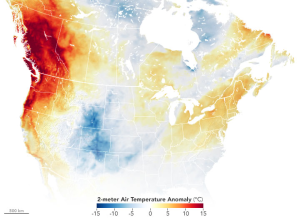 Map of the United States, showing that Oregon, Washington, and British Columbia had temperatures 10 to 15 degrees above normal in June 2021. The Northwest is in red to dark red.