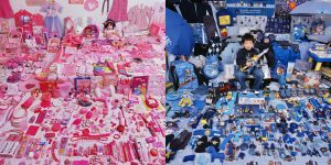 Two images combined: On the left, young girl in her bedroom surrounded by pink items - clothes, toys, bedding, dress up clothes, hello kitty toys, various shades of pink; on right young boy holding a blue guitar sitting in his room surrounded by blue items - toys, clothes, action figures, plastic toys all shades of blue