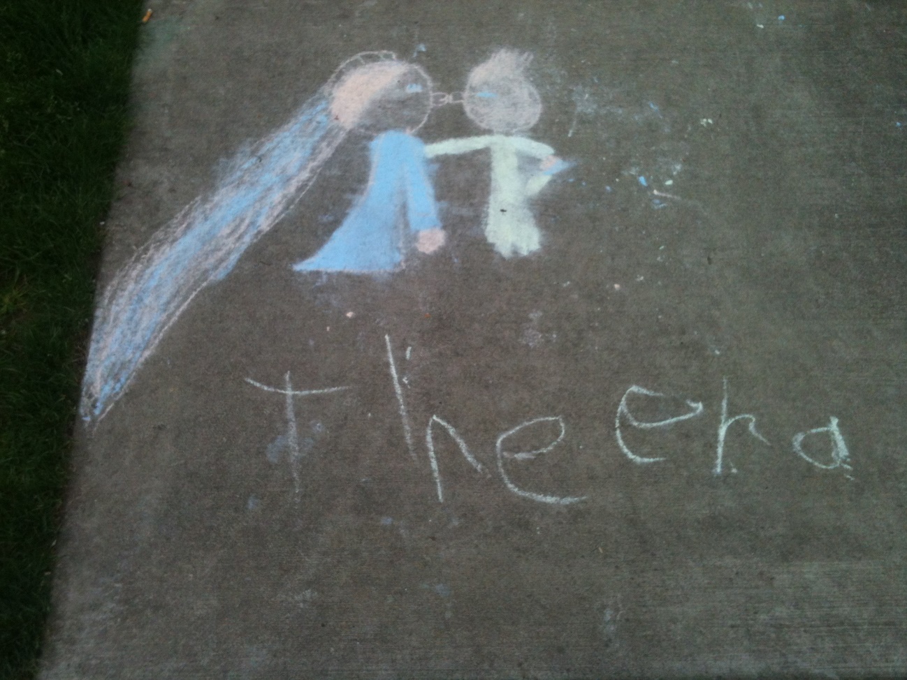 Child's chalk drawing on sidewalk of prince and princess getting married, with 'the end' below. From Portland, OR April 2012
