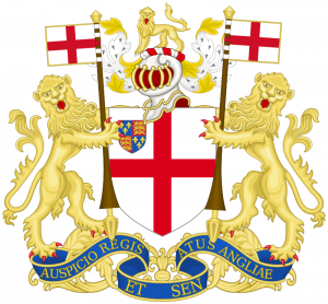 Two lions holding a shield, the flag of England, and the crown